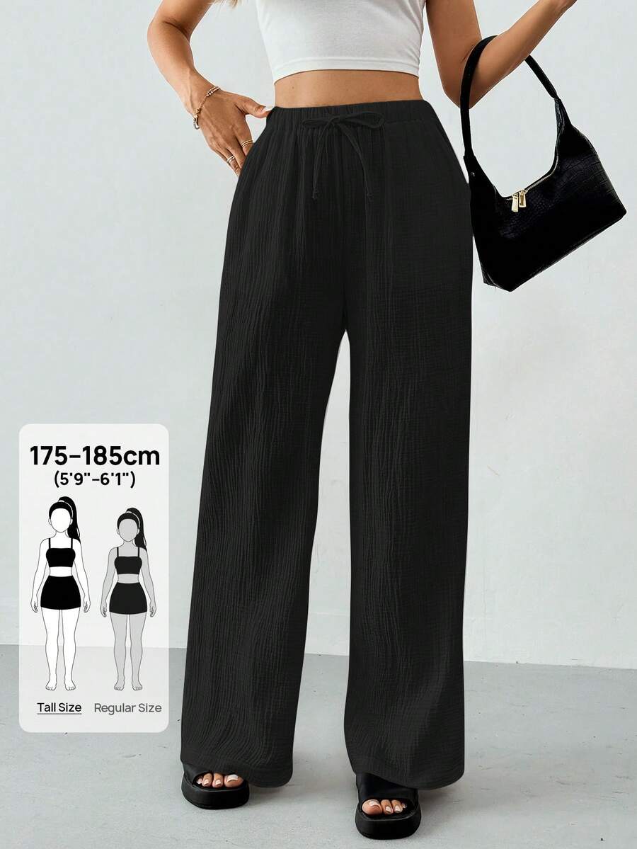 SHEIN Tall Cotton Loose Texture Wrinkle Fabric Drawstring Waist Long Pants - Black - View 1