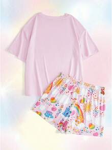 SHEIN X Care Bears 女士卡通印花圆领短袖上衣和短裤睡衣套装 - 粉色 - 查看 2