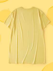 TOM & JERRY X SHEIN Plus Size Cute Cartoon Cat Print Round Neck Short Sleeve Nightgown, Comfortable For Summer - Yellow - View 2
