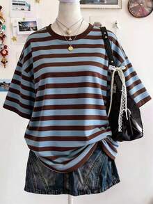 Lalippa Striped Digital Print Loose Casual Women Round Neck Drop Shoulder T-Shirt - Multicolor - View 3