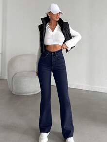 SHEIN HIGH RISE FLARE FIT LIGHT BLUE JEAN - Dark Wash - View 5