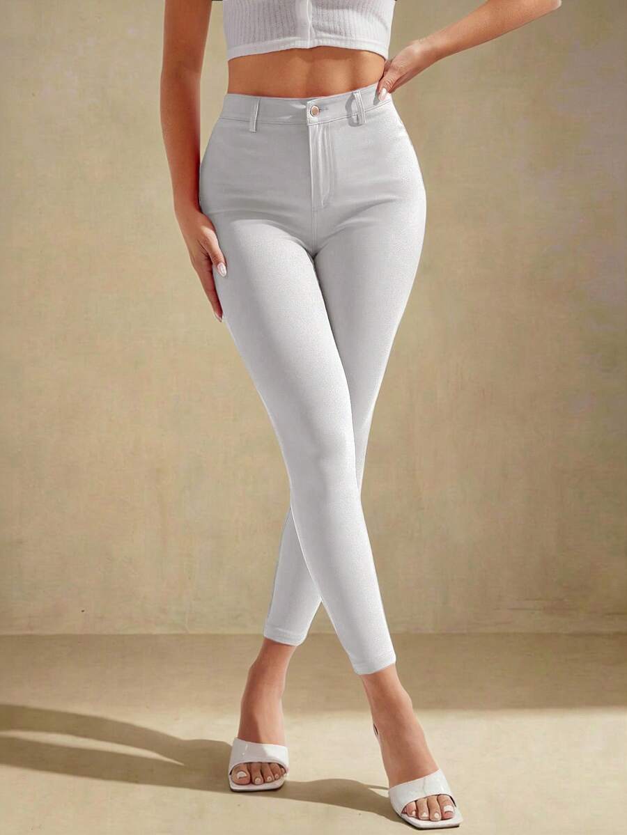 Selenza Women's Solid Color Casual Daily Denim Pants - Light Grey - View 1