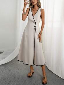 Rafferiza Vestido casual de estilo vacacional para mujer con cuello en V y volantes 3D, ajuste favorecedor con cintura ceñida, color melocotón claro - Albaricoque - Ver 4