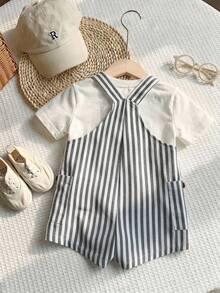 SHEIN Newborn Baby Boy Baby Girl Spring/Summer Versatile Cute Striped Pattern Overall Romper, Suitable For Indoor, Outdoor, Daily, Sports, Play, Party, Photography, Vacation, Holiday - Black and White - View 2