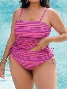 Swim Lushoire 大码女式夏季沙滩度假拼接印花抽绳褶皱吊带泳衣 - 彩色 - 查看 3
