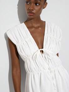 Maija 女士休闲纯色系带长连衣裙，夏季 - 白色 - 查看 8