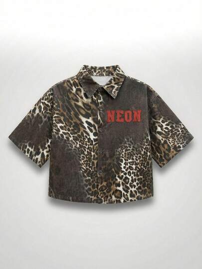 NEON BLANC Men's Letter & Leopard Print Single-Breasted Casual Versatile Daily Wear Short Sleeve Shirt