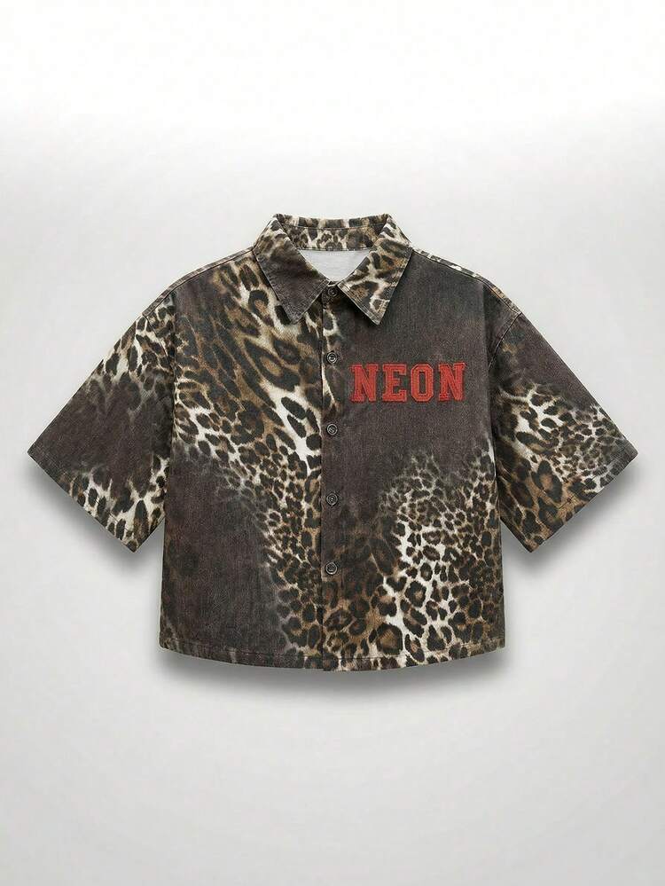 Men's Letter & Leopard Print Single-Breasted Casual Versatile Daily Wear Short Sleeve Shirt