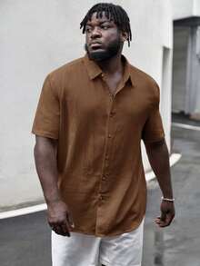 EASEVO Plus Size Men's Woven Single-Breasted Casual Short Sleeve Shirt, Suitable For Commuting And Daily Wear - Brown - View 4
