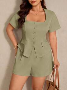 Elaquor Plus Size Elegant Office Wear Shirt And Shorts Set, Summer - Green - View 5