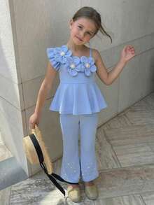Elladie kids Young Girls 3D Floral Pearl Decor Asymmetric Hem Top + Flare Pants 2pcs Set, Suitable For Birthday, Vacation, Party, Spring/Summer - Blue - View 5