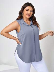 SHEIN Clasi Plus Size Solid Color Asymmetric Hem Sleeveless Button-Up Shirt - Dusty Blue - View 5