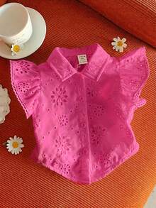 SHEIN 女宝宝可爱夏季度假白色花卉刺绣领短袖衬衫 - 玫紅色 - 查看 3