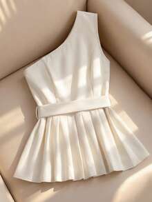Franclia Women's Elegant One Shoulder Pleated Hem Blouse, Summer - Apricot - View 2
