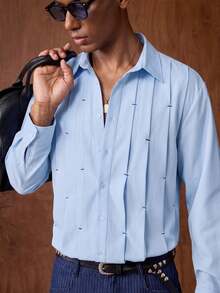 AKNOTIC Men's Casual Single-Breasted Pleated Long Sleeve Shirt, Suitable For Commuting - Blue - View 6