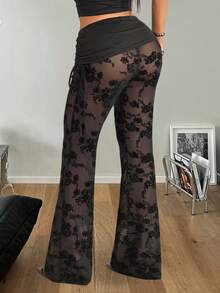 Coolane 夏季女装休闲音乐节街头风复古Y2K嬉皮朋克网眼印花透视弹力舒适抽绳黑色喇叭裤，性感长裤，女士喇叭打底裤，比基尼罩裤 - 黑色 - 查看 4