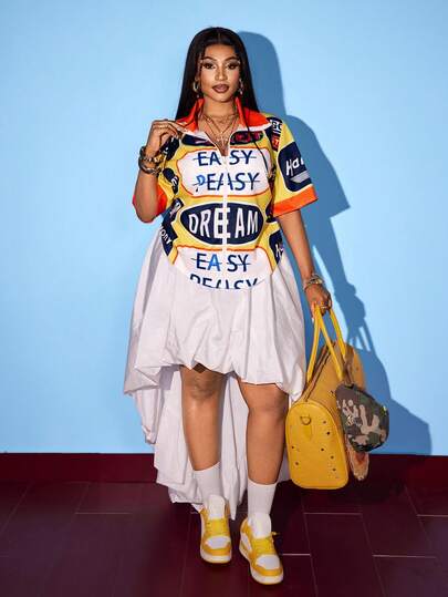 Maweii Plus Size Women Summer Letter Print Zip-Up Short Sleeve Cardigan, Streetwear Casual Outerwear