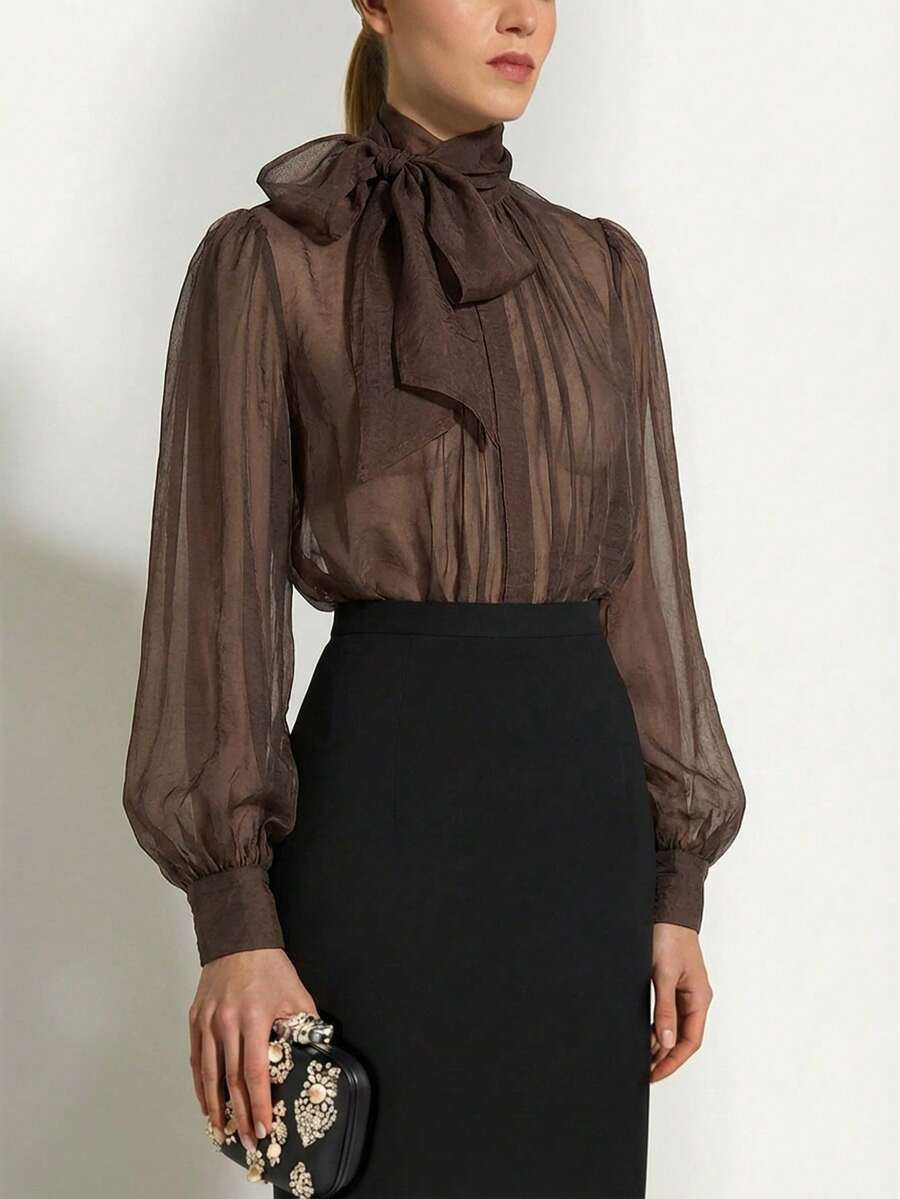 Briarwyn 女士纯色系带领休闲百搭日常长袖上衣棕色女式衬衫优雅薄纱衬衫女士薄纱上衣女士衬衫 - 棕色 - 查看 1