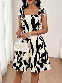 SHEIN Lady Đầm ngắn dự tiệc thường ngày in họa tiết lá dành cho nữ - Nhiều màu - Xem 6