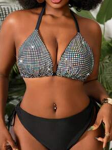 Slaydiva Áo bikini vải sequin cổ yếm cỡ lớn dành cho nữ - Nhiều màu - Xem 1