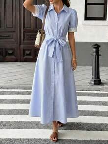 Pariaura 女士蓝色条纹蕾丝边泡泡袖衬衫裙，腰间系带 - 优雅休闲中长连衣裙，适合办公室和日常穿着 - 藍白色 - 查看 3