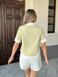 Pariaura Yellow Patchwork Contrast Color Lapel Pocket Casual Smart Casual Short Sleeve Shirt For Women Vacation Summer - Light Yellow - View 2