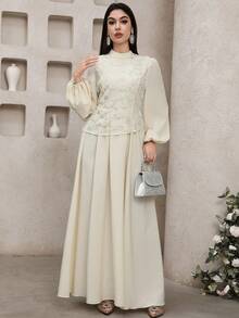 Feyla Women's Mesh Beaded Embroidered Asymmetrical Hem Long Sleeve Dress - Beige - View 5