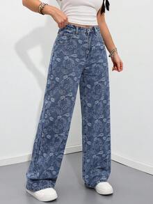 Jeanoix Quần jeans ống rộng dáng rộng thoải mái in họa tiết hạt điều dành cho nữ, có túi. - Màu xanh lam - Xem 5