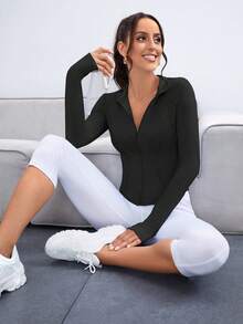 Easithlete Solid Stand Collar Thumb Hole Sports Jacket - Black - View 4