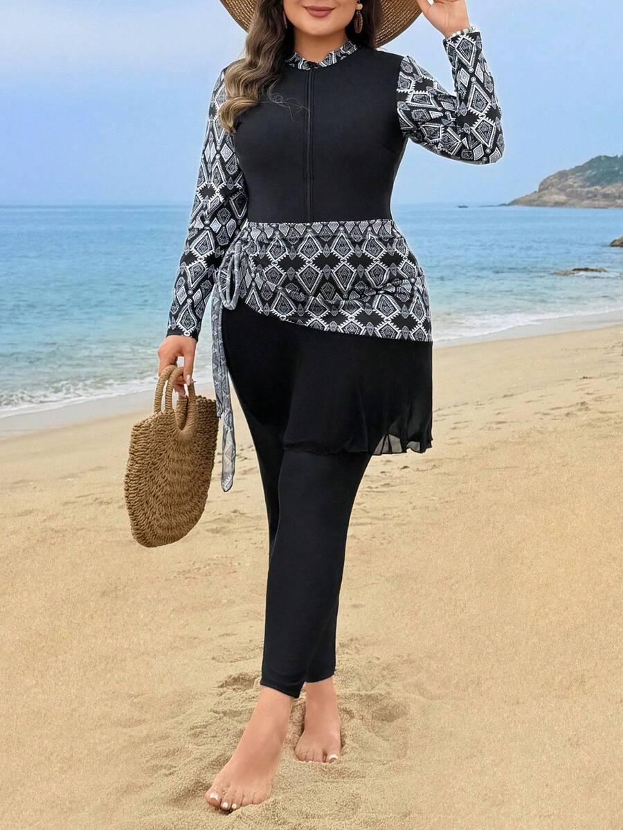 Swim Shayni Plus Size Women Geometric Print Patchwork One-Piece Swimsuit With Long Pants And Cover-Up Set - Multicolor - View 1
