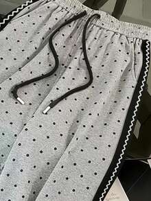 Resyla 波点数码印花，侧缝针织饰边，时尚简约宽松直筒裤，送朋友的礼物 - 灰色 - 查看 3