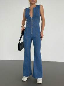 DAZY Women's Slim Fit V-Neck Sleeveless Denim Jumpsuit, Summer Holiday Outfit - Blue - View 6