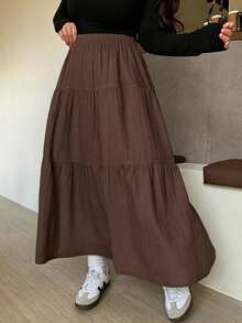 Dazy Plus Elastic Waist Patchwork A-Line Skirt, White, Spring/Summer - Brown - View 4