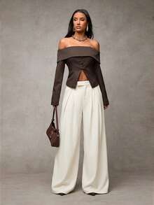 SHEIN BAE Quần ống rộng màu trơn thời trang dành cho nữ, thích hợp mặc đi làm. - Màu be - Xem 6