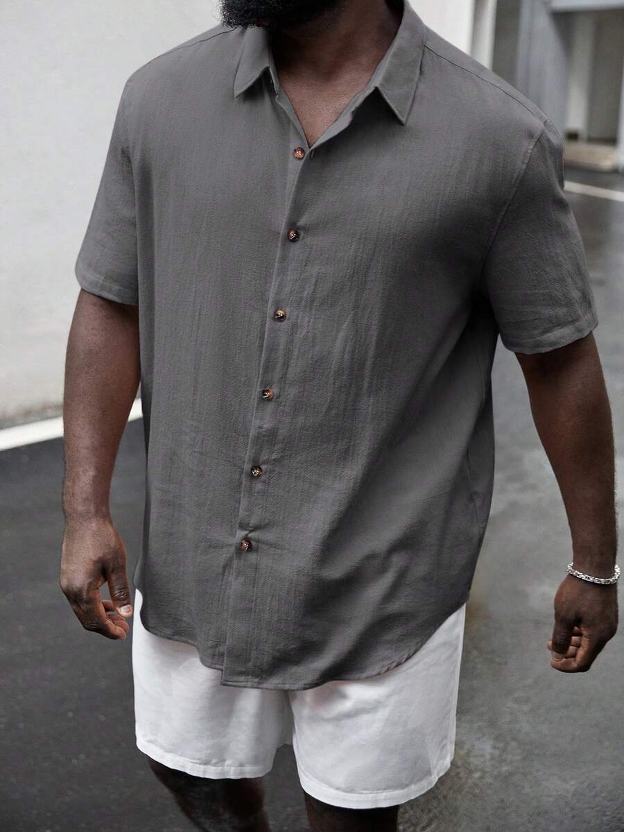 EASEVO Woven Casual Short Sleeve Shirt (Plus Size) - Grey - View 1