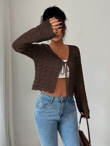 Elenzga Women's Elegant Tie-Front Hollow Out Cardigan - Coffee Brown - View 7