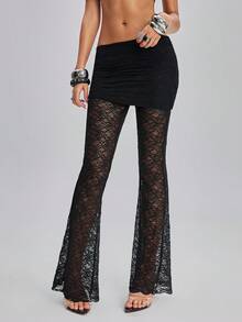 TypaGal Women's Black Lace Floral Autumn Trashy Y2k Sexy Party Clubbing 2 In 1 Lace Fabric Flared Pants Slim Fit.Vintage Holiday Ibiza Beachwear Boho Chic - Black - View 5