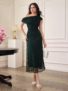 Modelyn Đầm ren màu xanh ô liu, kiểu dáng bất đối xứng, có bèo nhún, thanh lịch dành cho nữ, thích hợp cho các sự kiện trang trọng, tiệc tùng, dạ hội. - Màu xanh lá cây đậm - Xem 4