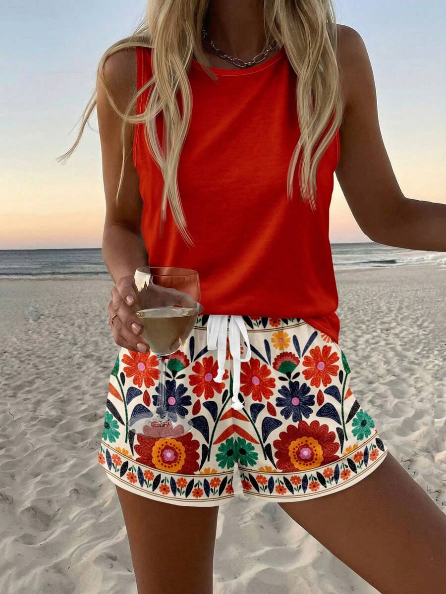 Sylviya Women's Casual Round Neck Tank Top And Shorts 2 Pieces Set, Suitable For Summer - Multicolor - View 1