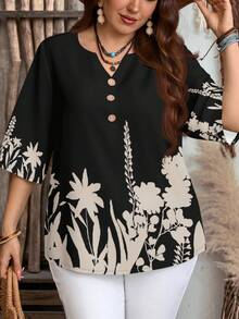 EMERY ROSE Women's Vacation Plant Pattern V-Neck Casual Shirt,Summer Top - Black - View 5