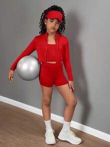 SHEIN Girlism 少女长袖翻领拉链T恤、背心和紧身裤三件套运动服 - 紅色 - 查看 7