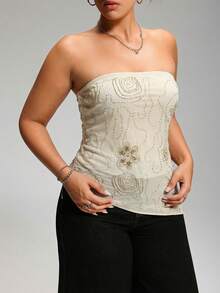 LYSMO Atasan Tube Top Wanita Ukuran Plus untuk Musim Panas dengan Hiasan Bunga dan Manik-manik serta Hem Asimetris - Khaki - View 6