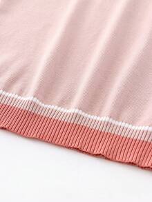 SHEIN Franclia Áo thun ngắn tay cổ tròn kẻ sọc phối màu tương phản, chất liệu vải dệt kim thoải mái, thích hợp cho mùa xuân/hè. - Màu Hồng  San hô - Xem 7