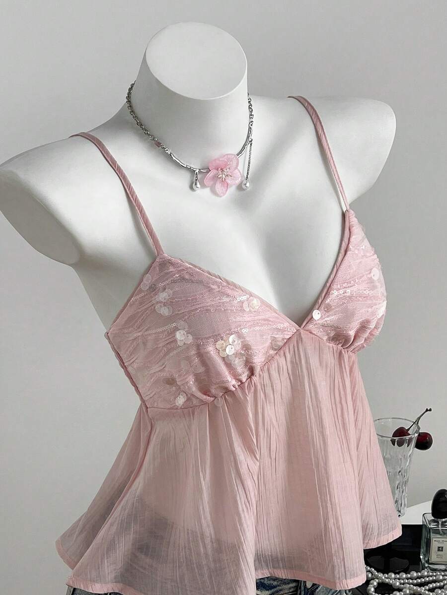 Elamini Summer Sexy Sweet Sequin V-Neck Sheer Fitted Cropped Camisole - Pink - View 1