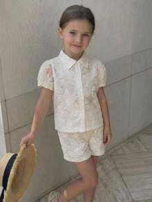 SHEIN Elladie kids Young Girl Solid Color Button Front Short Sleeve Shirt And Shorts Set, Young Girls Linen Retro Outfit, Summer Little Girl Outfit Sets For Recognition - White - View 11