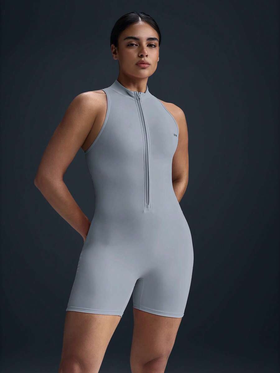 Powerista Mono deportivo de verano para mujer con cremallera y sin mangas - Gris Claro - Ver 1