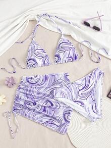 SHEIN Swim SXY Hơn In Đá cẩm thạch Bộ Bikini Dây Tam giác Bras Áo & Cao eo Đáy bikini & Dây rút Váy 3 mảnh Đồ bơi - Màu tím - Xem 6