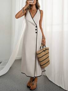 Rafferiza Vestido casual de estilo vacacional para mujer con cuello en V y volantes 3D, ajuste favorecedor con cintura ceñida, color melocotón claro - Albaricoque - Ver 5