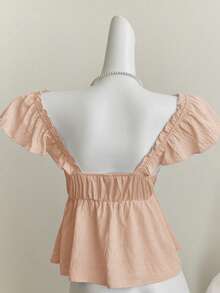 Elamini Áo hai dây croptop cổ thấp hở lưng gợi cảm viền bèo nhún màu xanh dương của cô nàng Mori Girl - Màu Hồng  San hô - Xem 2