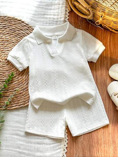 SHEIN Vintaside Kids 男婴夏季针织菱形图案V领短袖上衣套装（2件套），包含上衣和配套短裤，时尚简约学院风，无图案，宽松版型，适合外出、休闲和轻度运动。